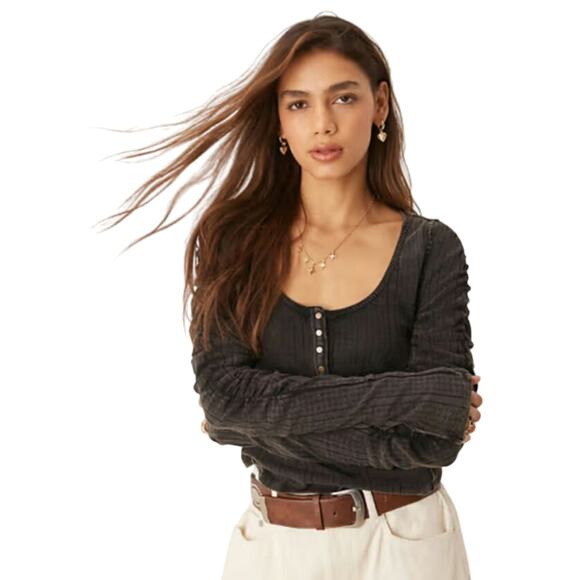 Free People Tops - New Free People XL Hope Henley Shirt Long Sleeve Ruched Washed Black Whimsygoth